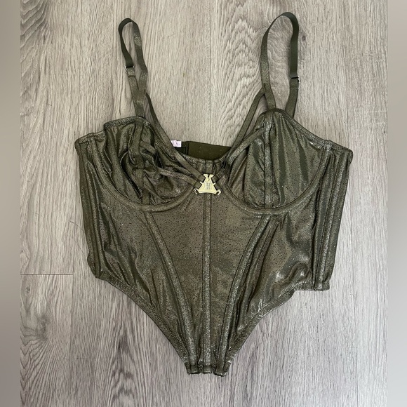 SAVAGE X FENTY Olive Green Gold Going Platinum Mesh Bustier Adjustable - Picture 8 of 13